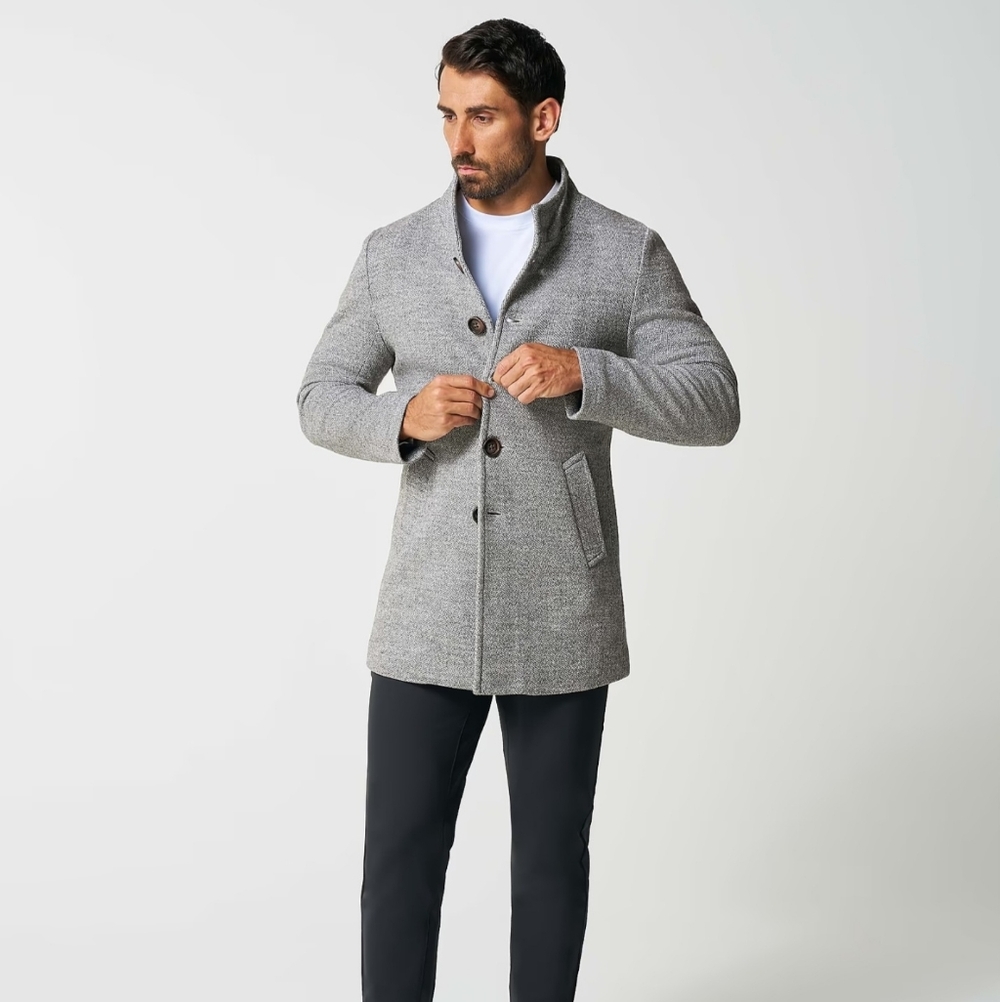 Men's Open Button Overcoat - Grey Herringbone